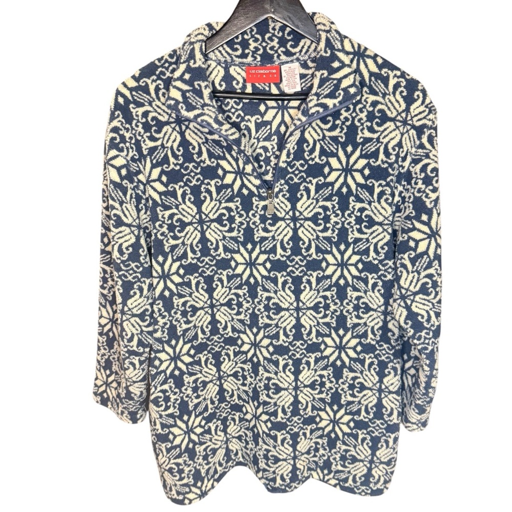 Liz Claiborne Medium Oversized Fleece Quarter Zip Pullover Blue Cream Pattern